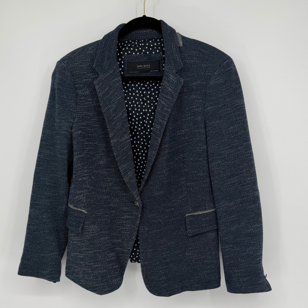 Zara Basic Navy Blue Knit Blazer with Star Lining and Elbow Patches XL